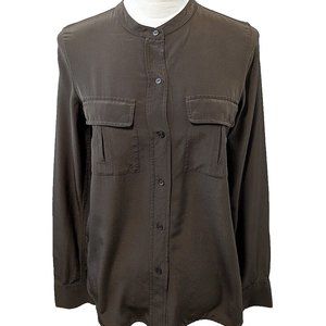 Vince Silk Long Sleeve Button Down Blouse Olive Green